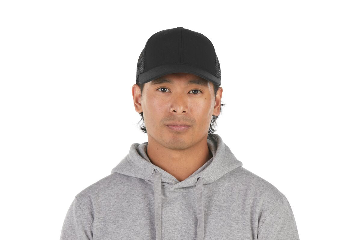 recycled-poly-low-profile-trucker-hat-c0 WebPDP-HAT002002_Recycled_Poly_Low_Profile_Trucker_Hat_Black_Studio_Harper_Studios_0723_Front__HAT002002OS.jpg